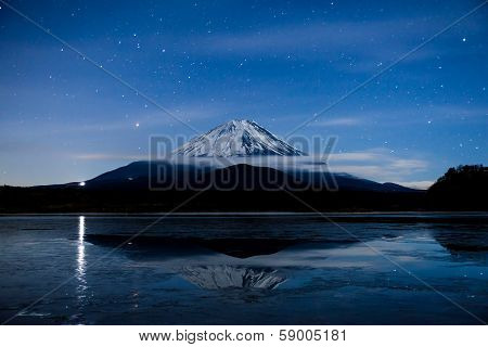 Inverted image of Mt.Fuji on the frozen lake