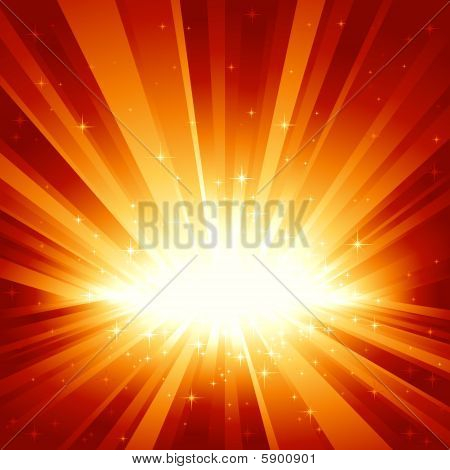 Rosso burst di luce dorata con stelle