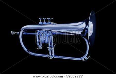 Silver professional flugelhorn with moutphiece on black isolated