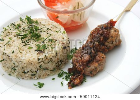 herb fried rice with meat ball BBQ sauce