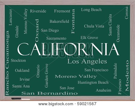 California State Word Cloud Concept On A Blackboard