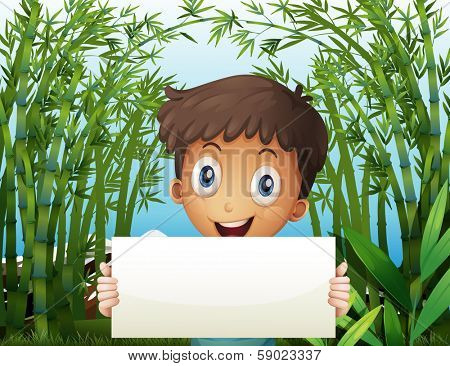 Illustration of a boy at the bamboo farm holding an empty signage