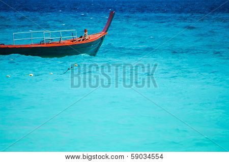 Red Boat On Beautiful Blue Sea From South Thailand, Asia