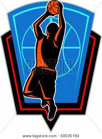 Basketball Player Rebounding Ball Shield Retro
