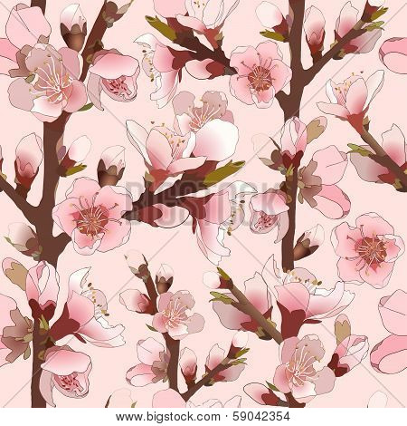 Seamless Pattern With Blossoming Pink Flowers.