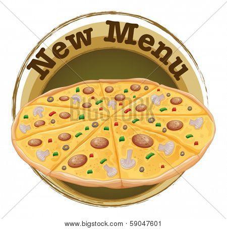 Illustration of a new menu label with a pizza on a white background