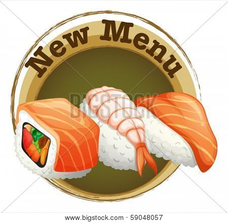 Illustration of a new menu label with sushi on a white background