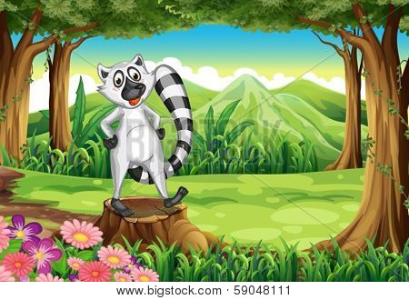 Illustration of a lemur at the forest standing above the stump