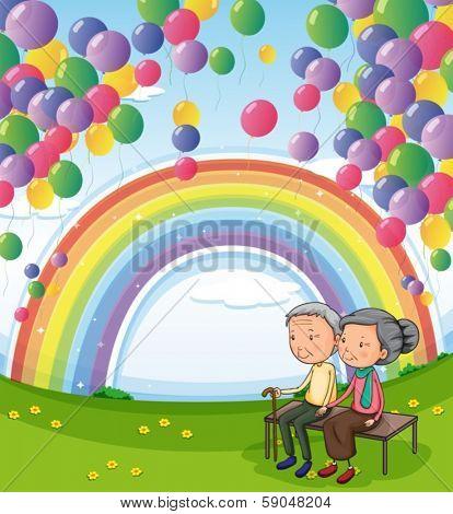 Illustration of an old couple below the floating balloons and the rainbow