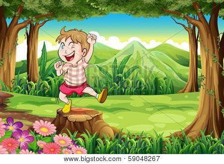 Illustration of a playful young boy at the forest standing above the stump