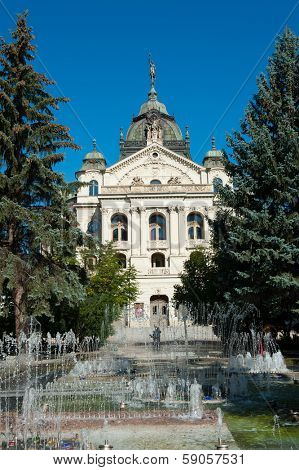 Building of National Theatre in slovakian city Kosice with fountains in front of it