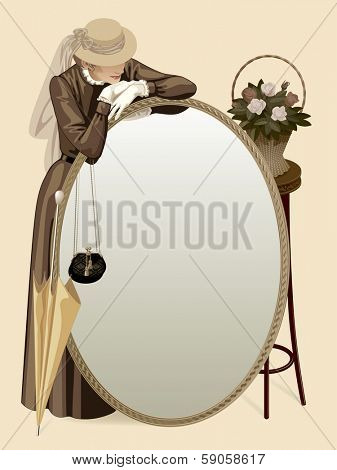 Isolated raster version of vector vintage image of a standing woman in retro brown dress with handbag, umbrella, big oval mirror and basket with roses on a table