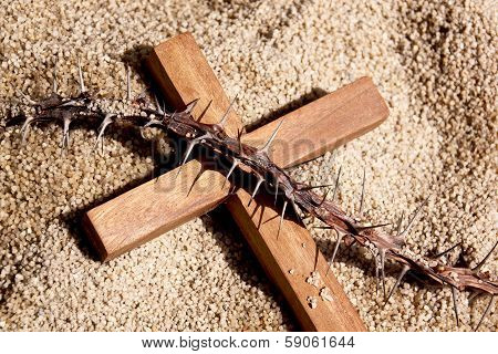 Closeup Of Wooden Cross And Thorns On Sand Background