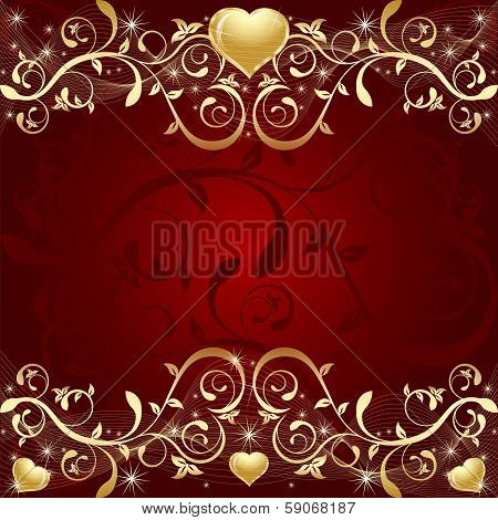 Leafs, hearts and stars on red background
