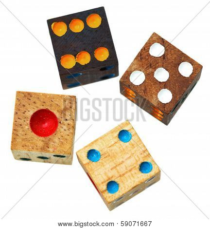 Four Wooden Gambling Dices Close Up Isolated