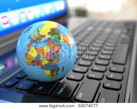 Global communications. Earth on laptop ceyboard. 3d. Political map of the world created me in CorelDraw.