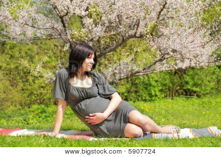Donna incinta nel giardino di primavera