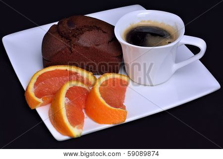 Coffe, cake and orange