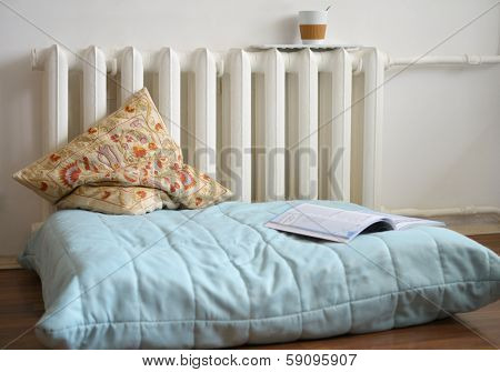 Pouffe against a heater in a living room