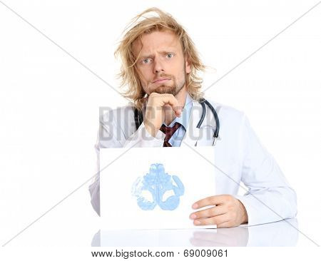 Funny psychotherapist holding Rorschach test