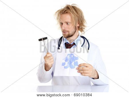 Funny psychotherapist holding Rorschach test