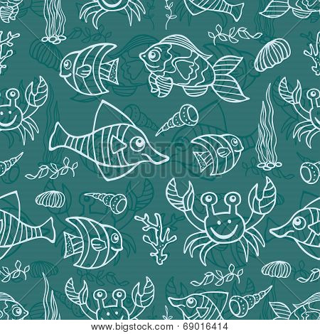 Funny Sea Life and Fish.Outline Doodle seamless pattern