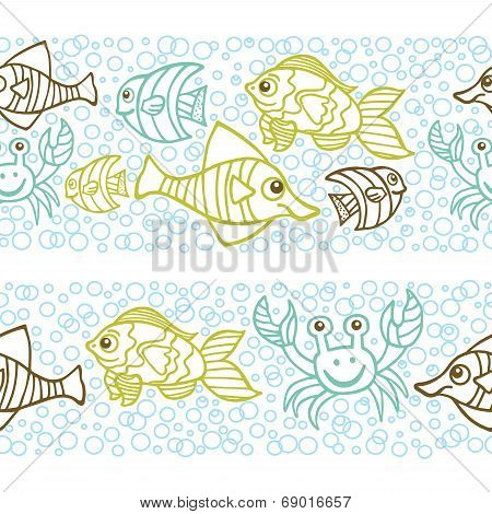 Funny crab and Fish.Doodle seamless border,bubble background