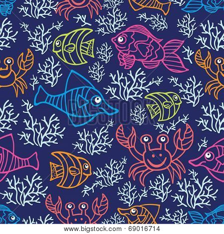Funny  Fish and corals.Colored Doodle seamless pattern