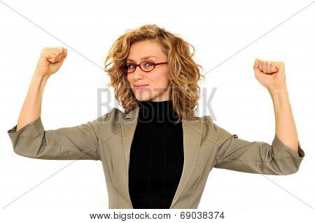 Successful Young Business Woman Rising Hands