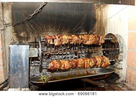 Skewers Of Meat Cooked Very Slow Focus And Rotated Several Times