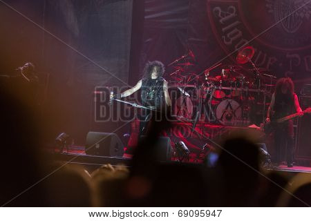 FARO - JULY 19: Heavy metal band Moonspell performs on stage at the XXXIII - International Motorcycle Meeting in Faro, Portugal, July 19, 2014 