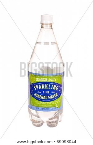 Hayward, CA - July 24, 2014: Bottle of Trader Joe's brand natural Mineral Water with lime flavor added 