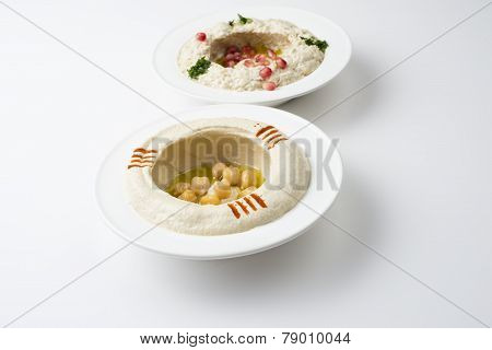 Lebanese food of Hommos & Mtabbal isolated on white background