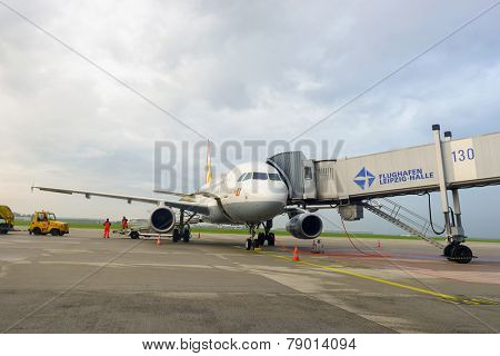 LEIPZIG, GERMANY - SEP 11: Docked Germanwings jet aircraft on September 11, 2014. Germanwings GmbH is a German low-cost airline based in Cologne, which is wholly owned by Lufthansa