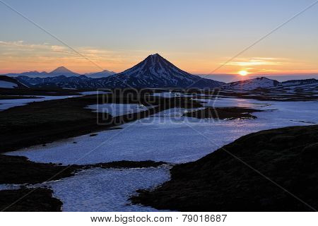 Beautiful Landscape On Kamchatka: Sunrise Over Viluchinsky Volcano