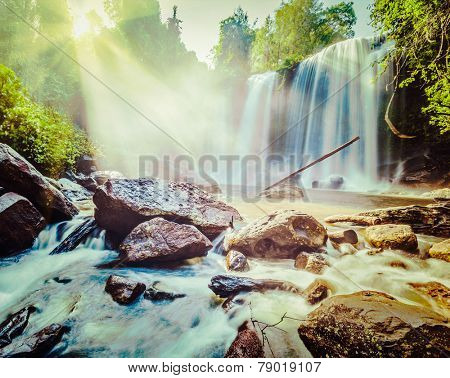 Vintage retro effect filtered hipster style image of tropical waterfall Phnom Kulen, Cambodia