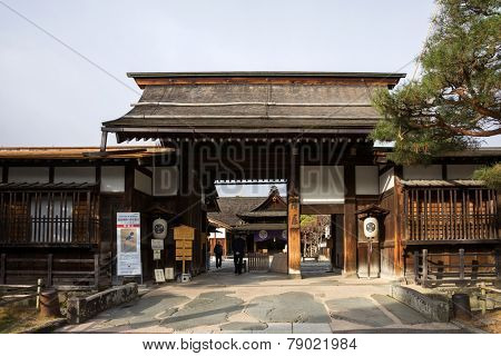 TAKAYAMA, JAPAN - DECEMBER 03, 2014: View of Takayama Jinya house shows the exterior and gardens. It is the home of the governor of Hida province build in 1692, is the oldest surviving house in Japan.