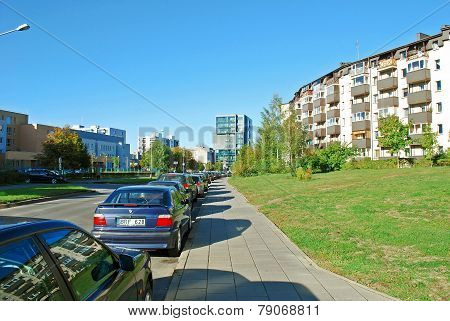 Pasilaiciai District Street With Cars And Houses
