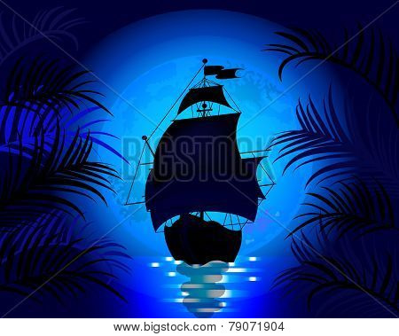 Amazing Night Landscape With Sailing Ship At Sea On A Background Of Blue Moon