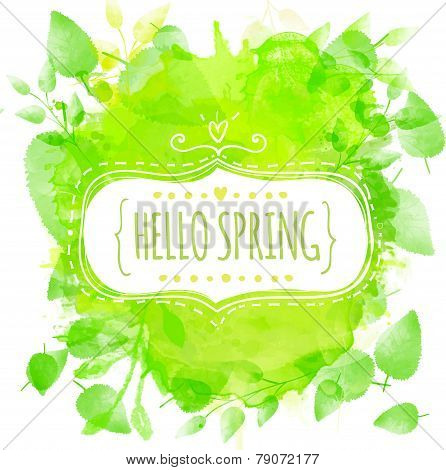 White doodle decorative frame with text hello spring. Green watercolor splash background with printe