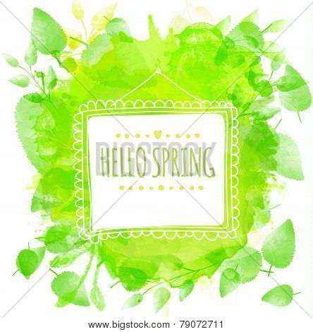 White doodle square frame with text hello spring. Green watercolor splash background with printed le