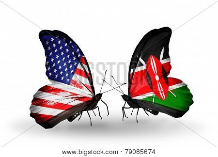Two Butterflies With Flags On Wings As Symbol Of Relations Usa And Kenia
