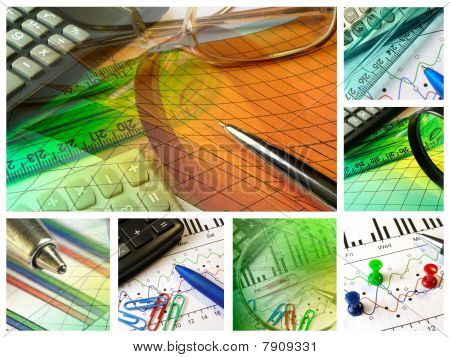 แว่นขยาย ไม้บรรทัด กราฟ และแป้นพิมพ์