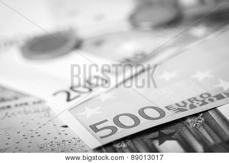 Closeup Of Euro Banknotes And Coins
