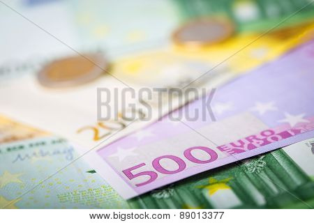 Closeup Of Euro Banknotes And Coins