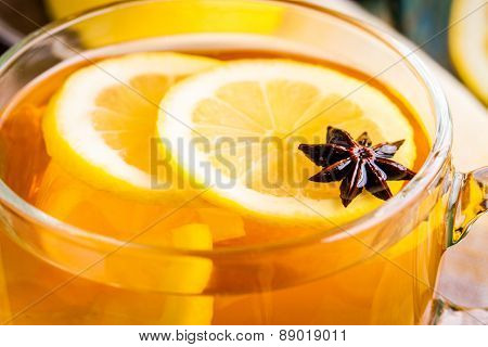 Cup Of Tea With Lemon And Anise Closeup