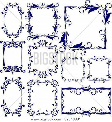 Set of 10 decorative, vintage, text, blue frames. Vector illustration for your design.