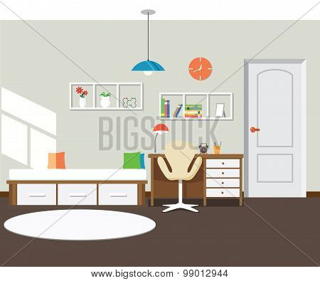 Interior Flat Style Bedroom . Modern Trendy Design.