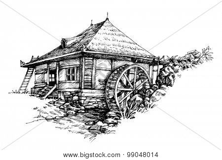 Watermill hand drawn artistic illustration