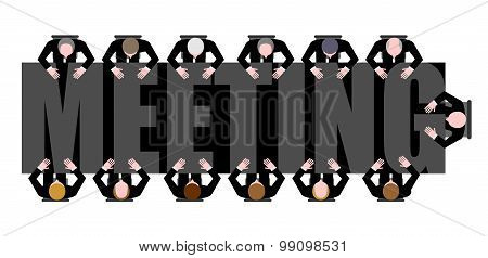 Meeting A Long Table. People Work In Office. Boss, Chief Commands. Vector Illustration Of Office Lif